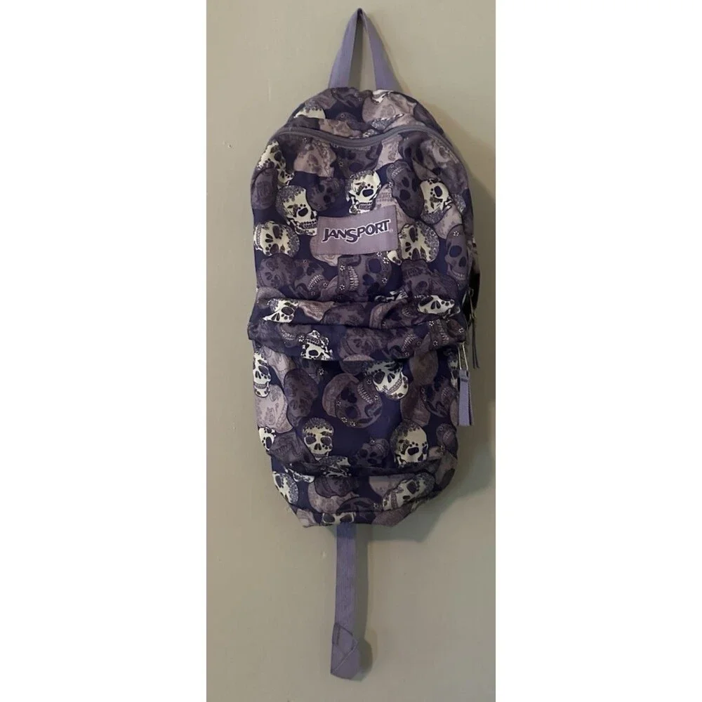 JanSport Backpack Purple Blue Skulls SuperBreak School Discontinued Pattern Y2K